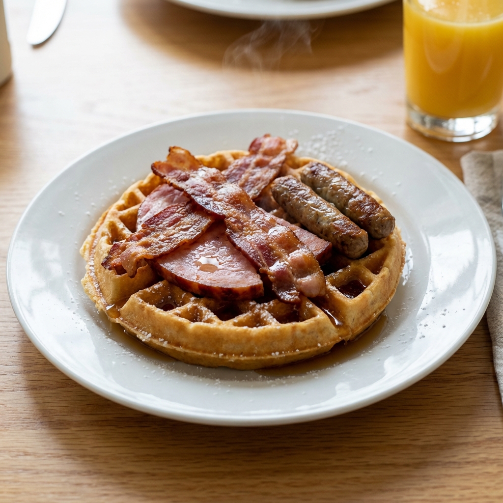 Belgian Waffle with Ham, Bacon, Sausage or Turkey Sausage